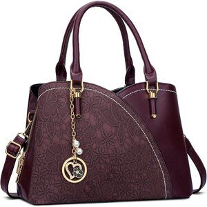 Women’s Wine Triple Compartment Satchel Fashion Top Handle Shoulder Bag
